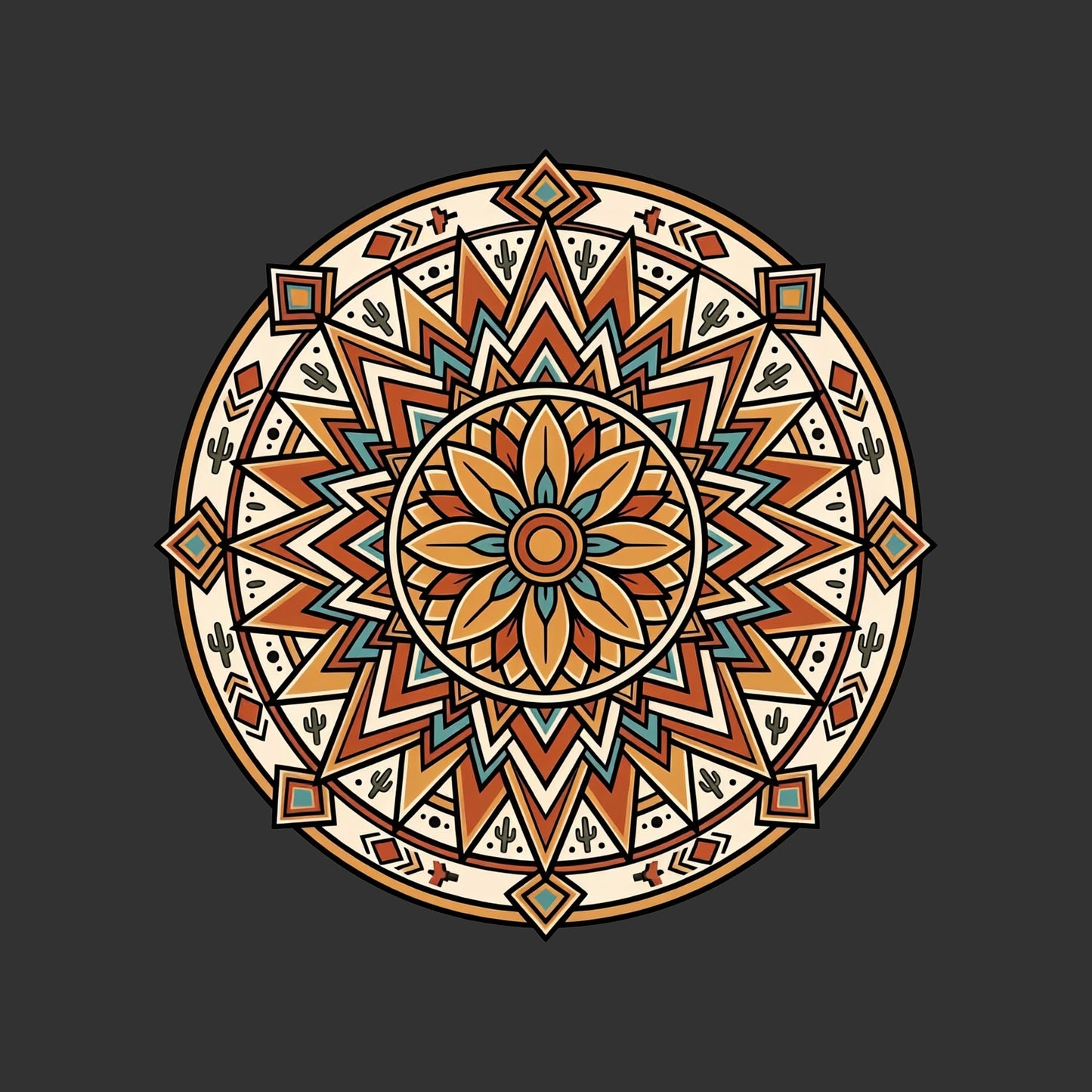 Close-up of the Desert Bloom Mandala design on a Dark Grey Heather tee