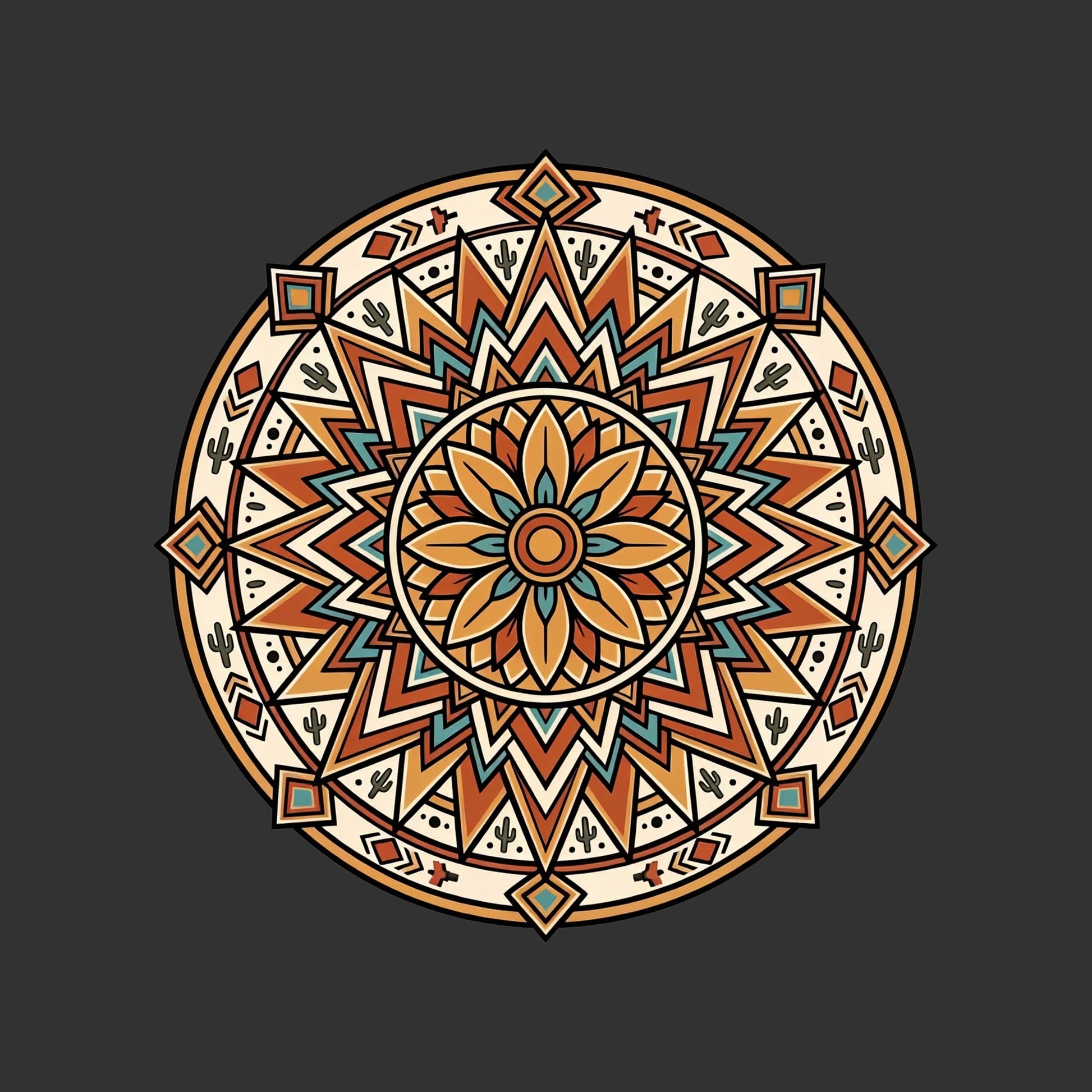 Close-up of the Desert Bloom Mandala design on a Dark Grey Heather tee