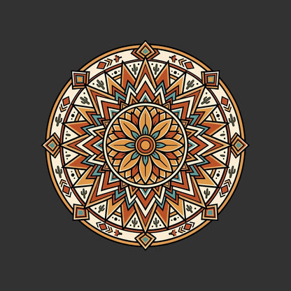 Close-up of the Desert Bloom Mandala design on a Dark Grey Heather tee