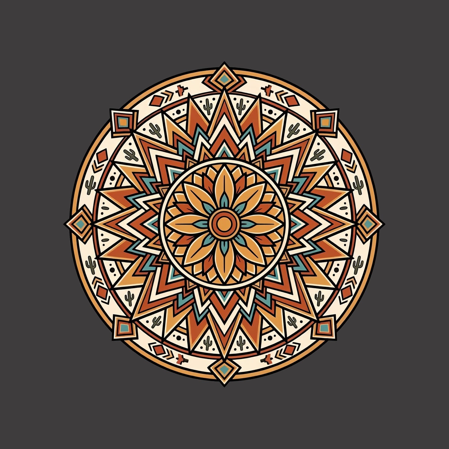 Close-up of the Desert Sunburst Mandala design on a Dark Grey Heather tee