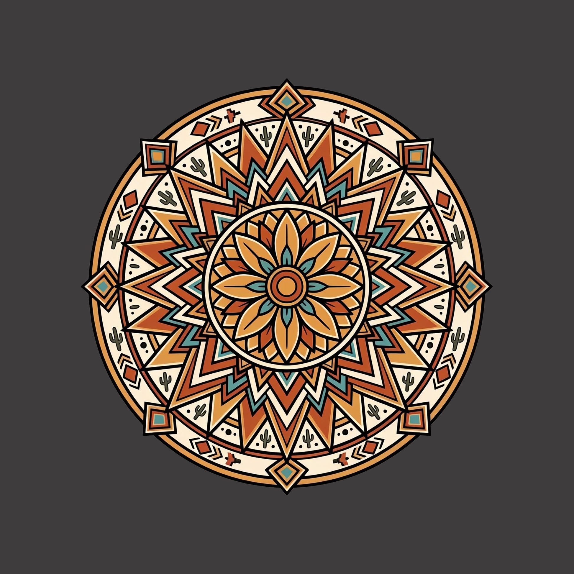 Close-up of the Desert Sunburst Mandala design on a Dark Grey Heather tee
