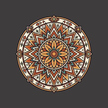 Close-up of the Desert Sunburst Mandala design on a Dark Grey Heather tee