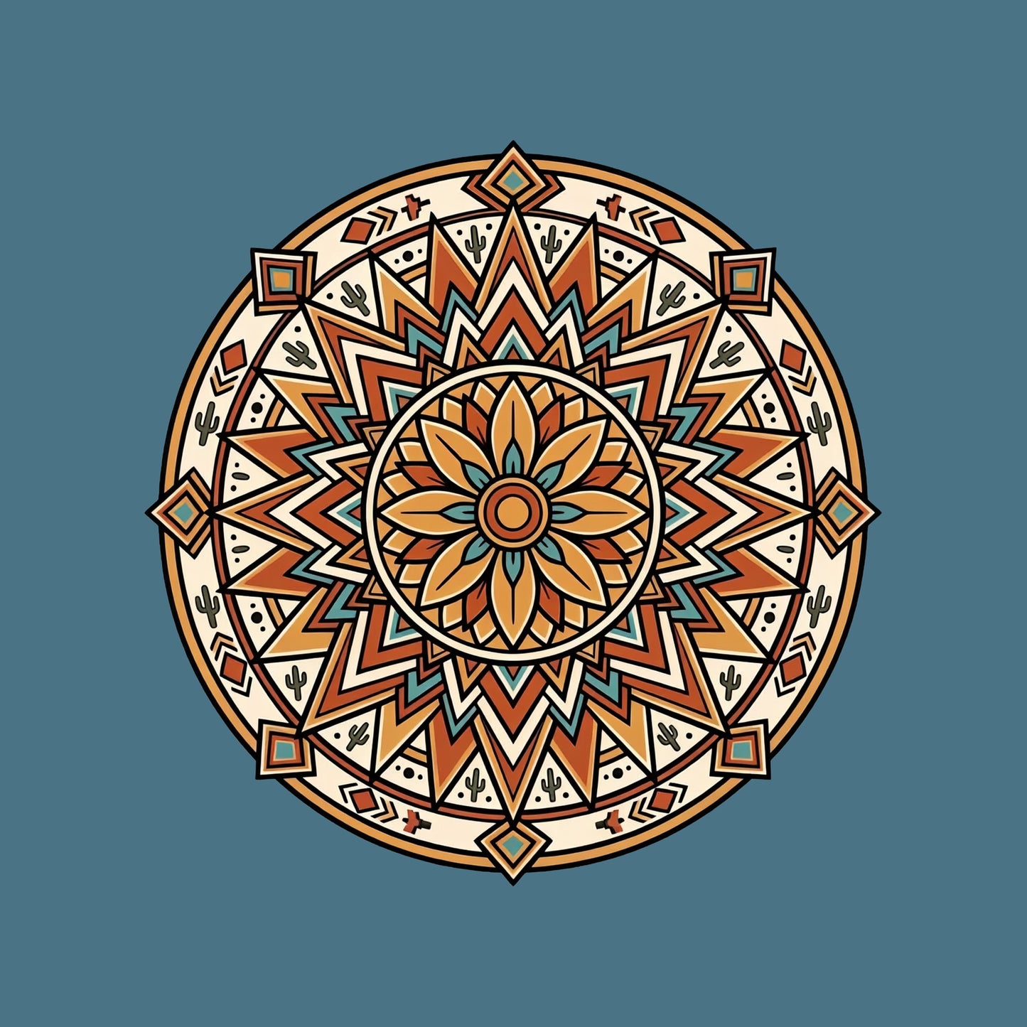 Close-up of the Desert Bloom Mandala design on a Heather Deep Teal tee