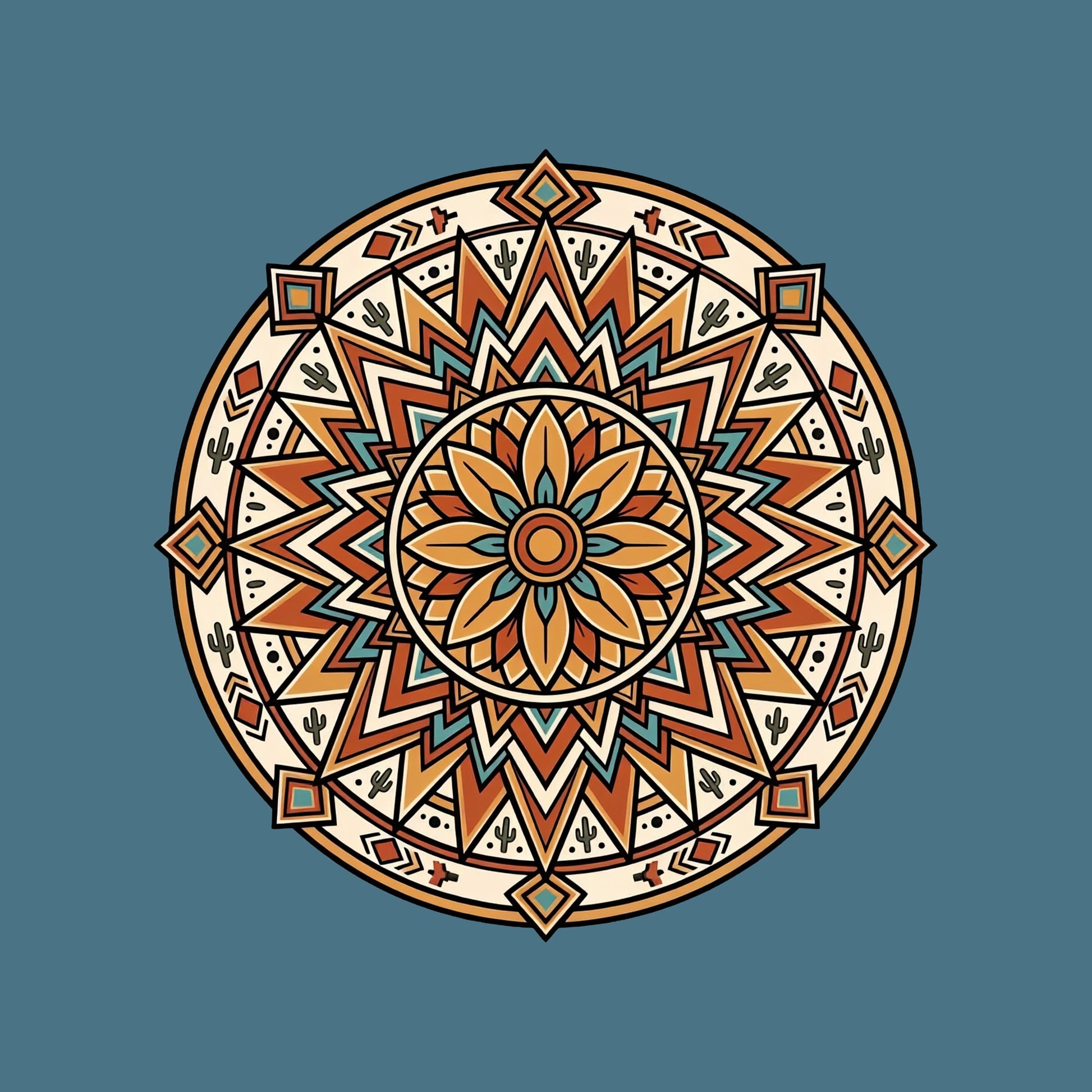 Close-up of the Desert Bloom Mandala design on a Heather Deep Teal tee