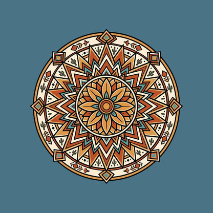 Close-up of the Desert Bloom Mandala design on a Heather Deep Teal tee