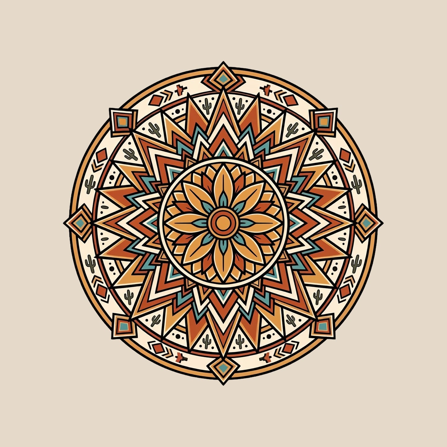 Close-up of the Desert Sunburst Mandala design on a Heather Dust tee