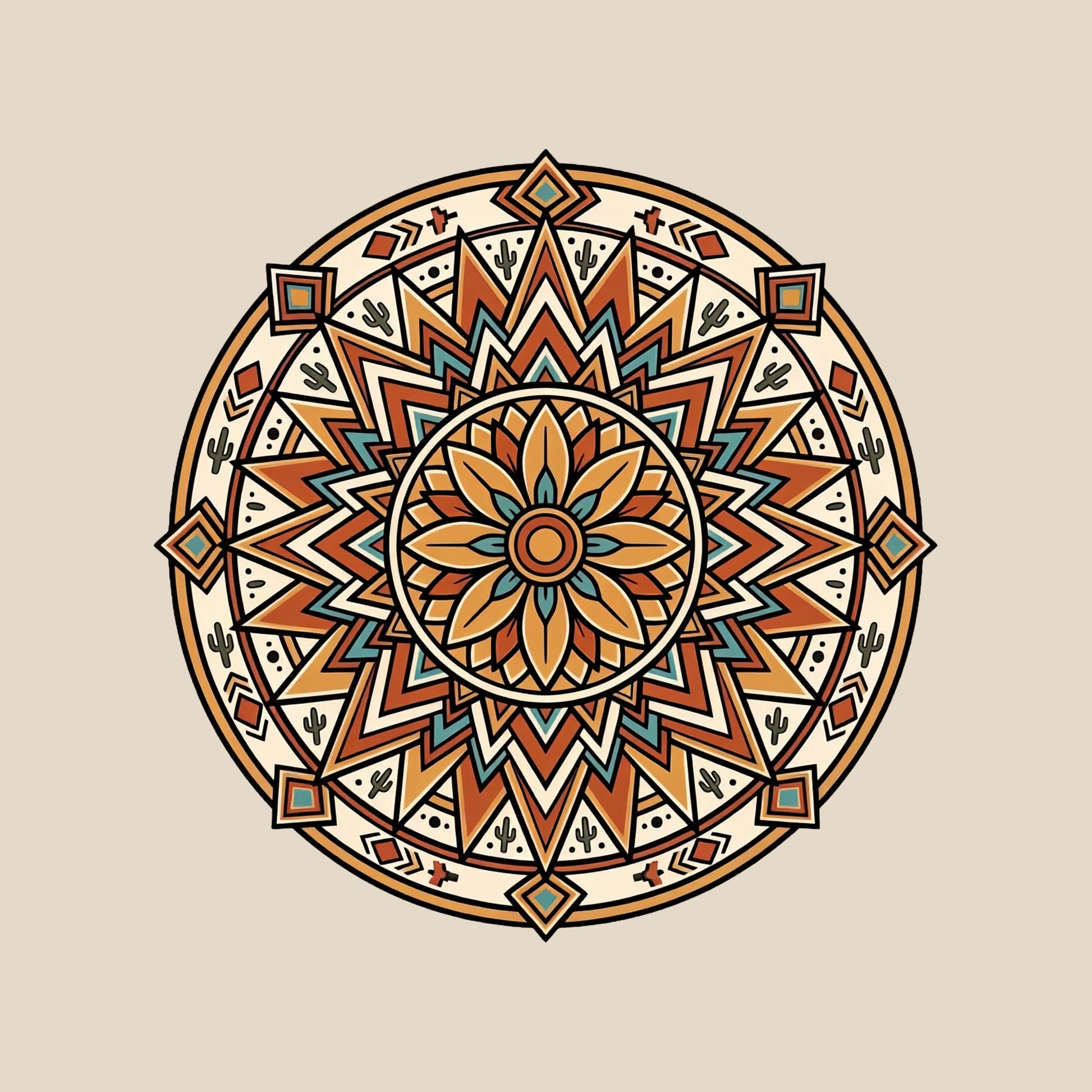 Close-up of the Desert Sunburst Mandala design on a Heather Dust tee