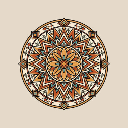 Close-up of the Desert Sunburst Mandala design on a Heather Dust tee