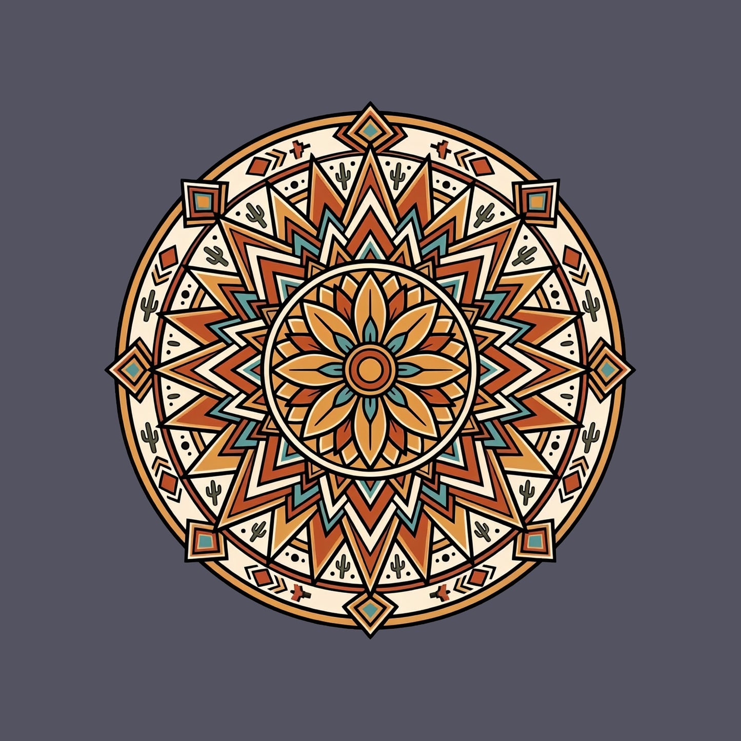 Close-up of the Desert Bloom Mandala design on a Heather Navy tee