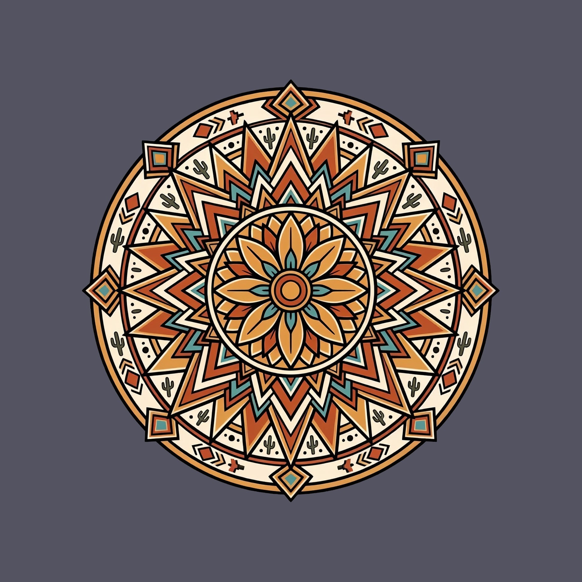 Close-up of the Desert Bloom Mandala design on a Heather Navy tee