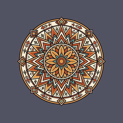 Close-up of the Desert Bloom Mandala design on a Heather Navy tee