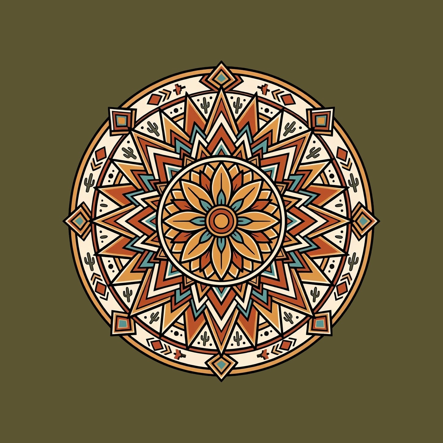 Close-up of the Desert Sunburst Mandala design on a Heather Olive tee