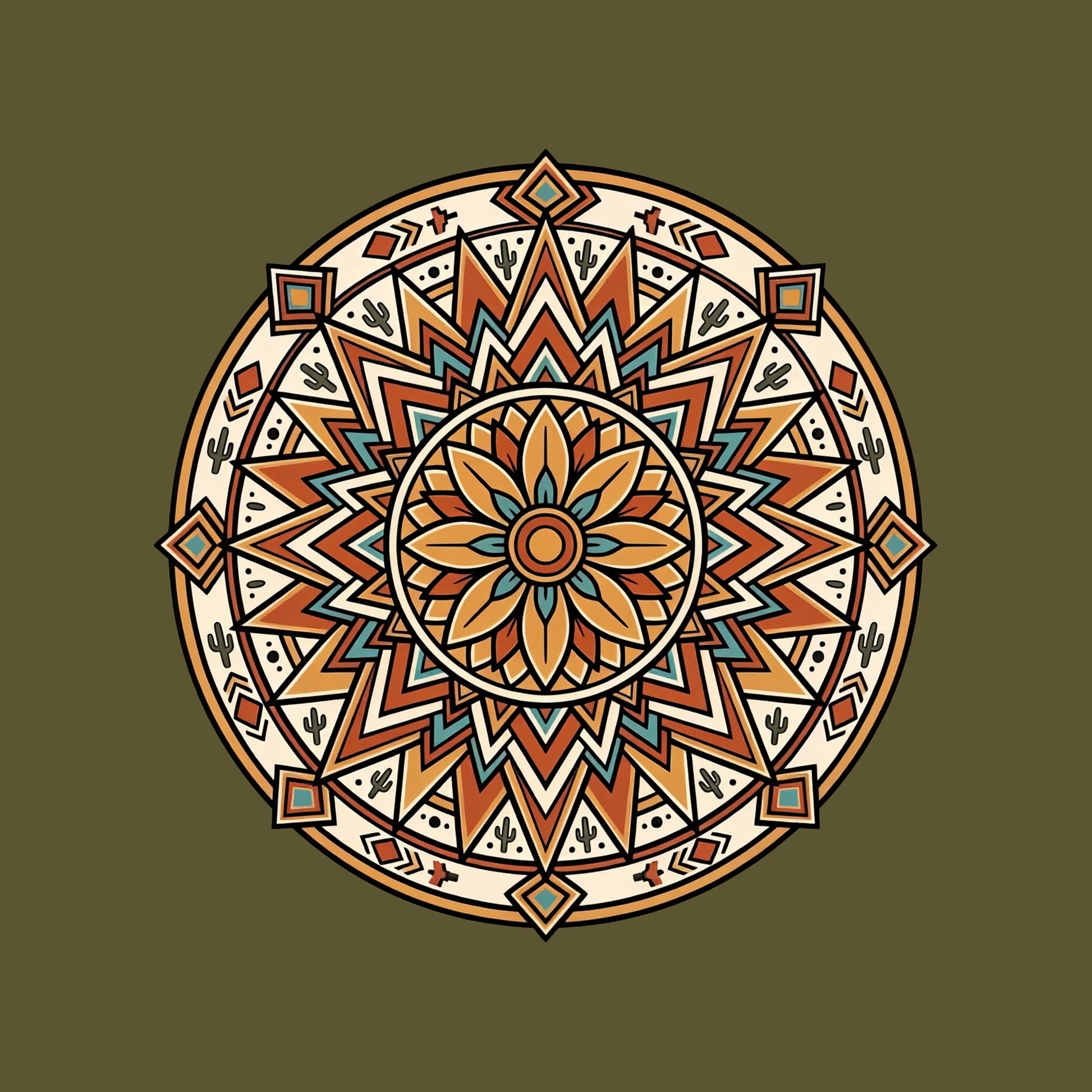 Close-up of the Desert Sunburst Mandala design on a Heather Olive tee