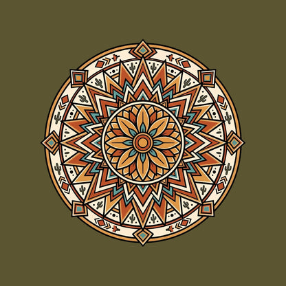 Close-up of the Desert Sunburst Mandala design on a Heather Olive tee