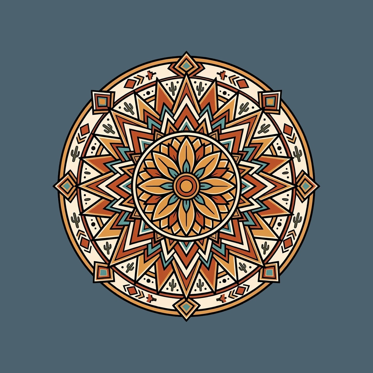Close-up of the Desert Sunburst Mandala design on a Heather Slate tee