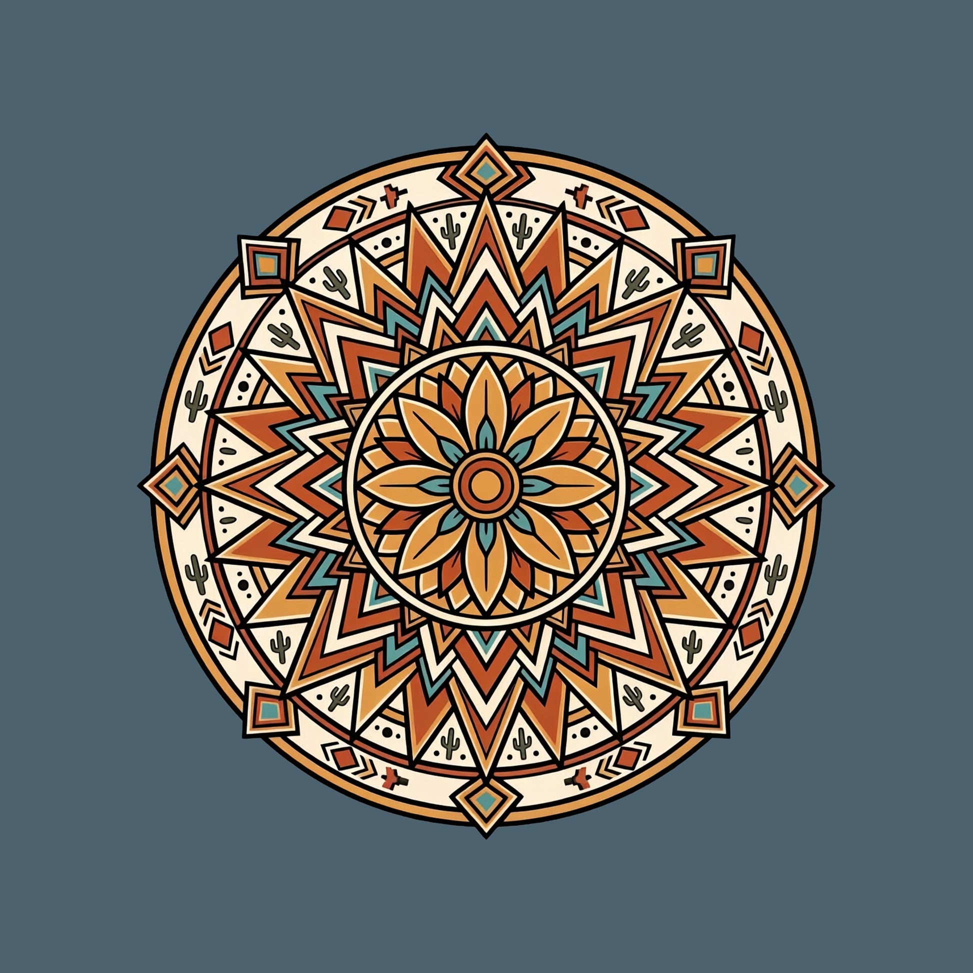 Close-up of the Desert Sunburst Mandala design on a Heather Slate tee