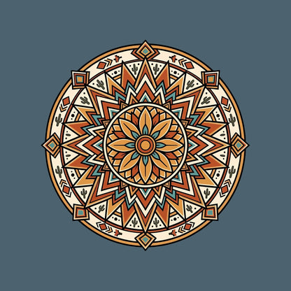 Close-up of the Desert Sunburst Mandala design on a Heather Slate tee