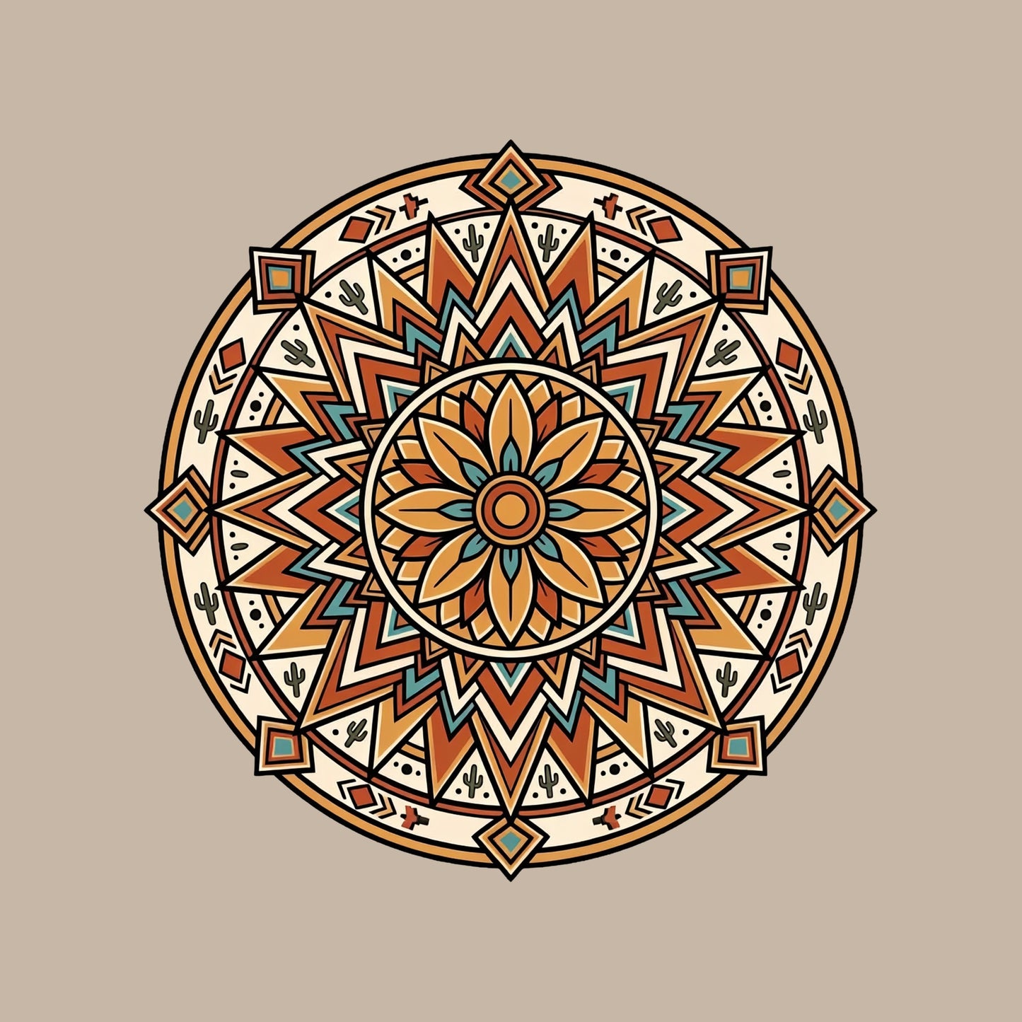 Close-up of the Desert Bloom Mandala design on a Heather Stone tee
