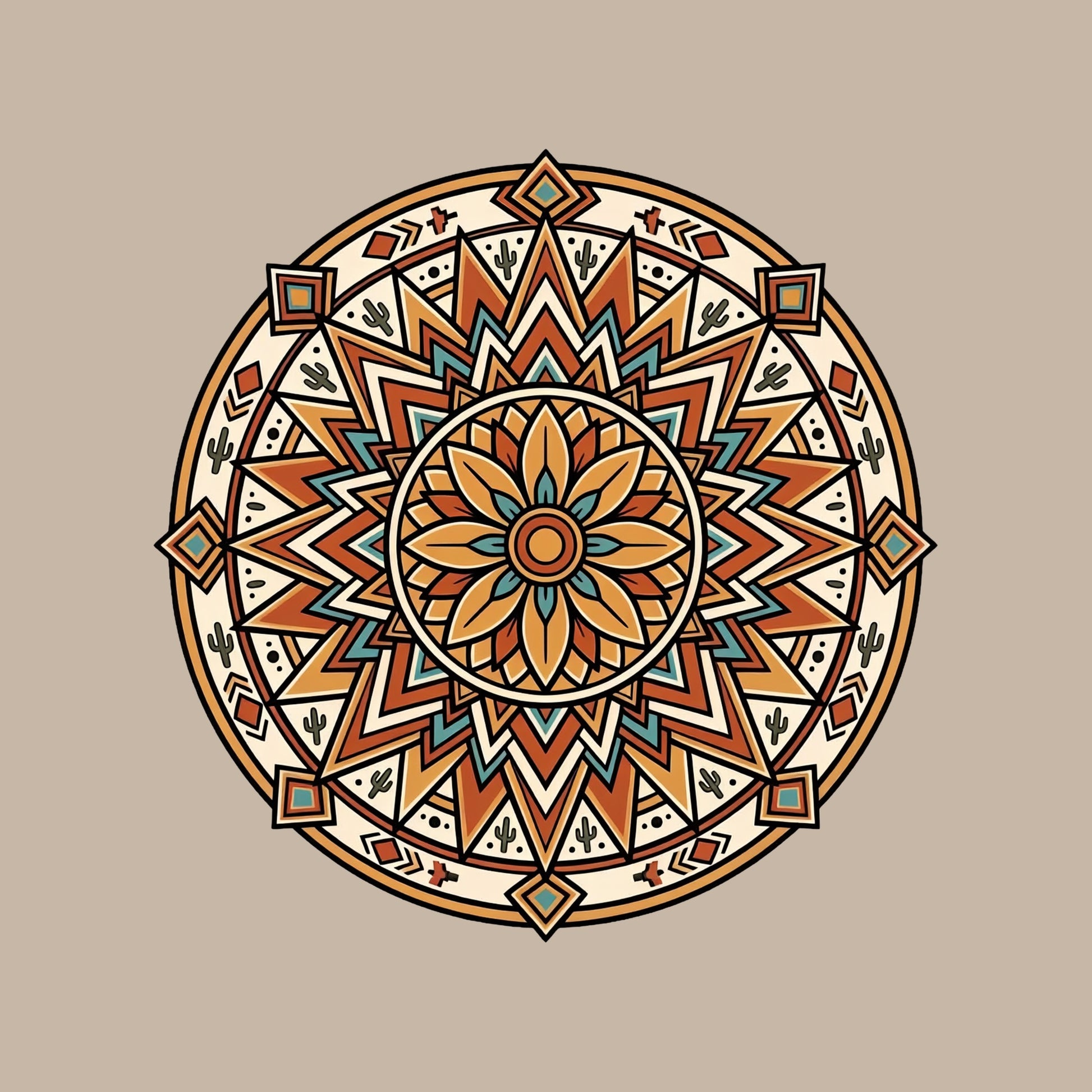 Close-up of the Desert Bloom Mandala design on a Heather Stone tee