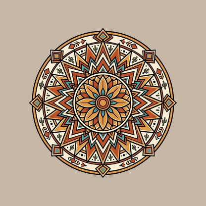 Close-up of the Desert Bloom Mandala design on a Heather Stone tee