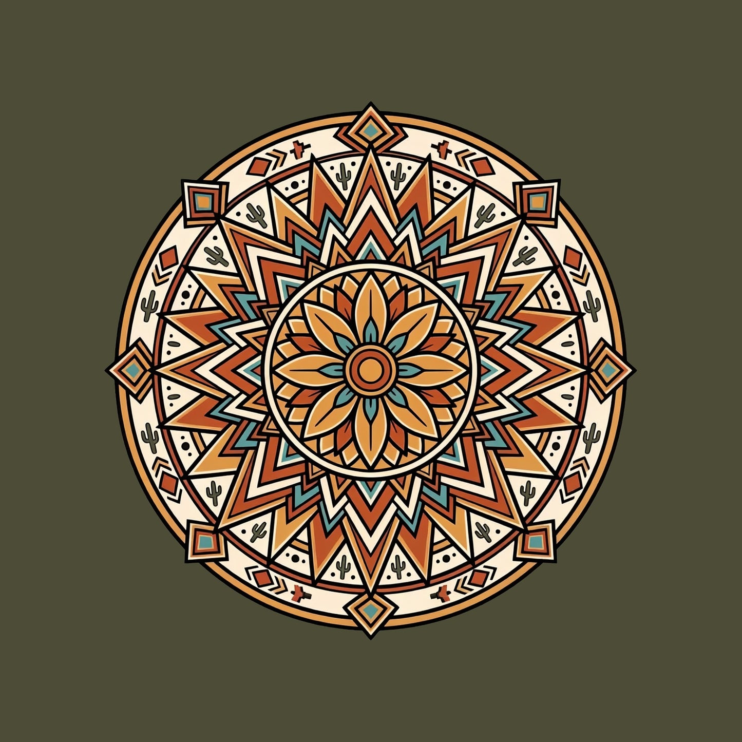 Close-up of the Desert Sunburst Mandala design on a Military Green tee