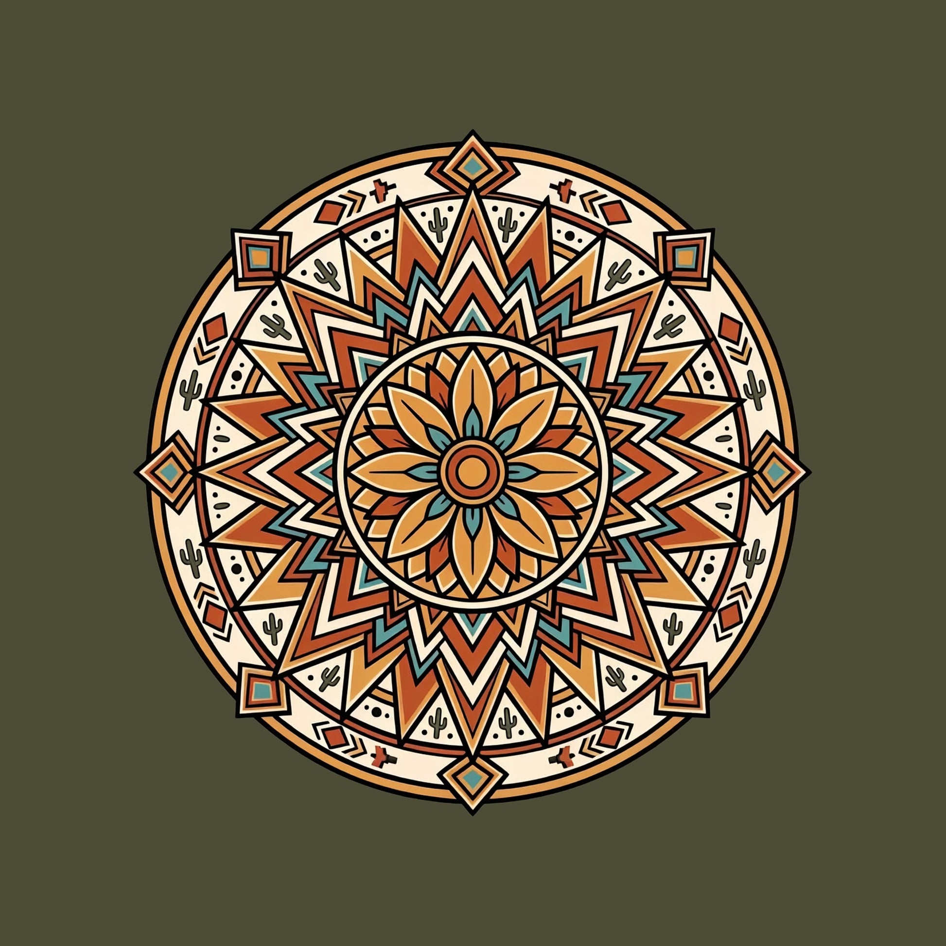 Close-up of the Desert Sunburst Mandala design on a Military Green tee