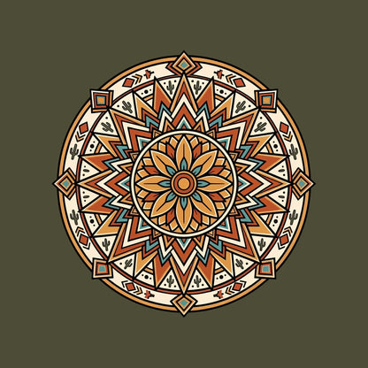 Close-up of the Desert Sunburst Mandala design on a Military Green tee