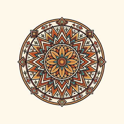 Close-up of the Desert Bloom Mandala design on a Natural tee