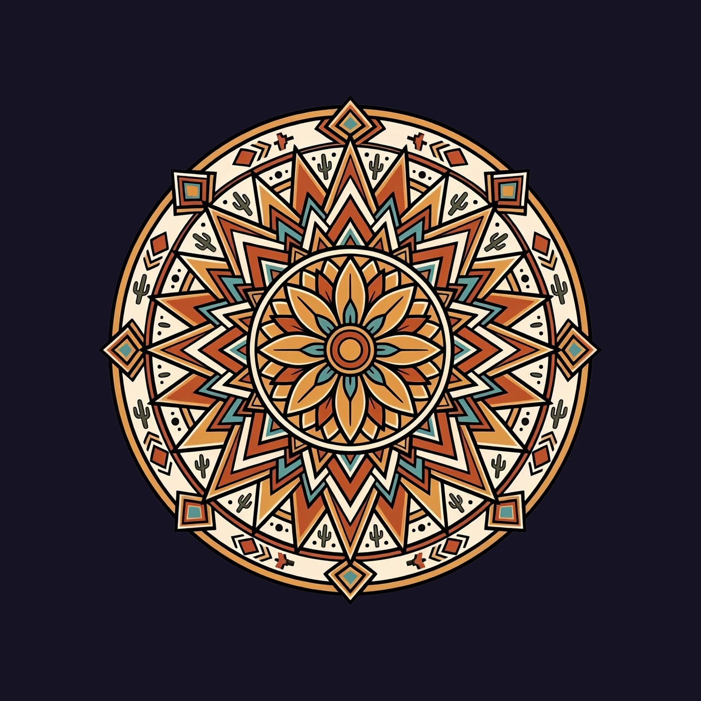 Close-up of the Desert Bloom Mandala design on a Navy tee