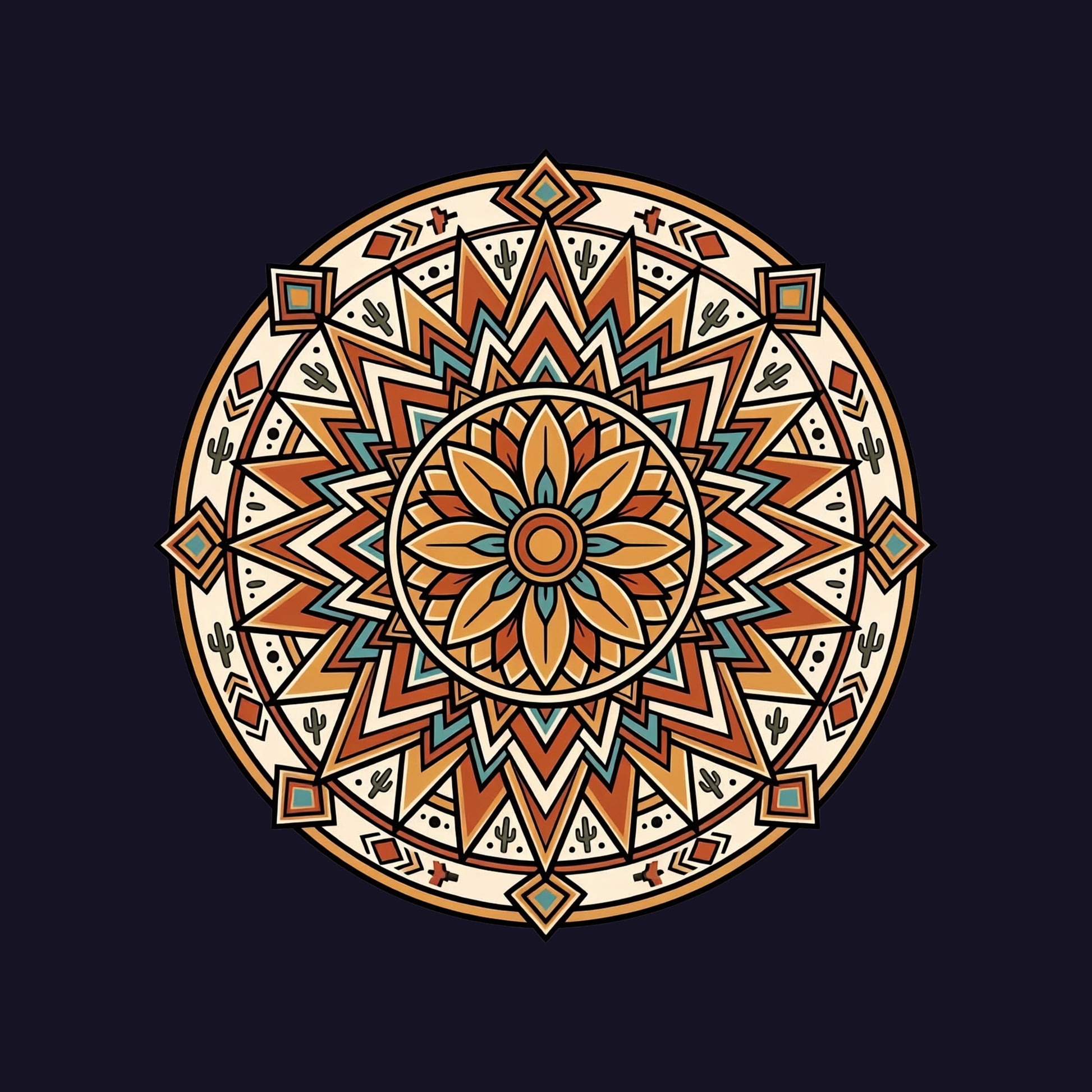 Close-up of the Desert Bloom Mandala design on a Navy tee