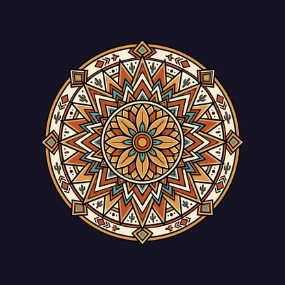 Close-up of the Desert Bloom Mandala design on a Navy tee