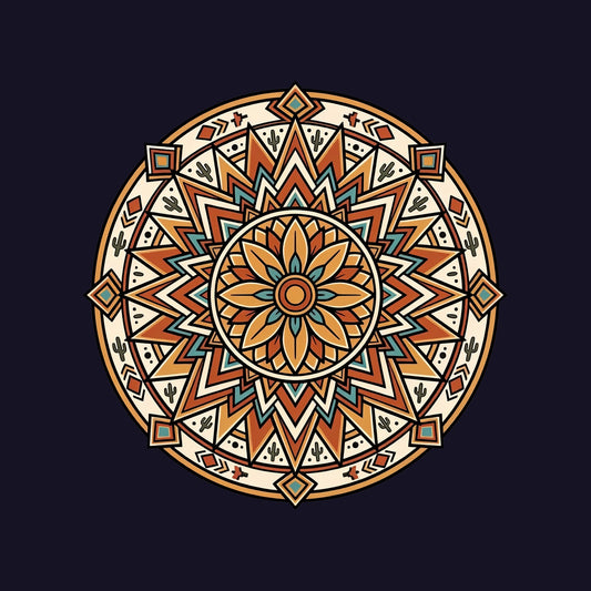 Close-up of the Desert Bloom Mandala design on a Navy tee