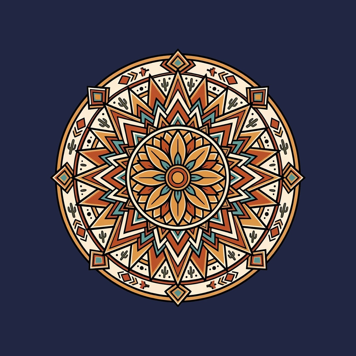 Close-up of the Desert Sunburst Mandala design on a Navy tee