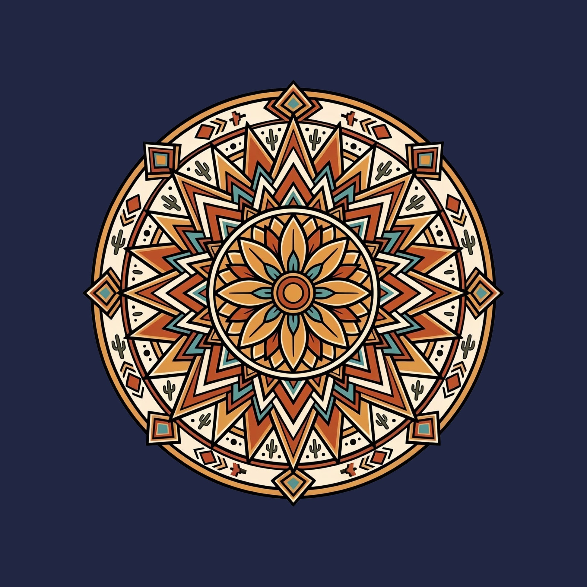 Close-up of the Desert Sunburst Mandala design on a Navy tee