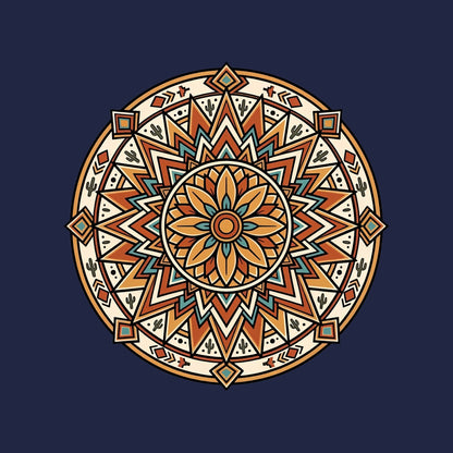 Close-up of the Desert Sunburst Mandala design on a Navy tee