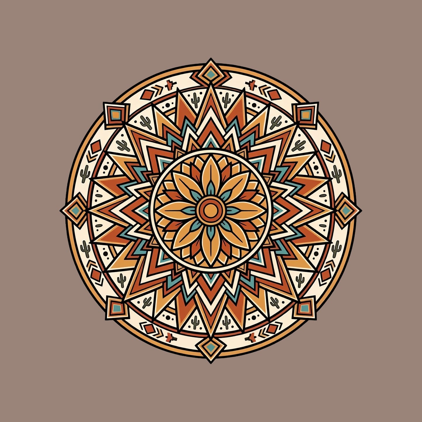 Close-up of the Desert Sunburst Mandala design on a Pebble tee