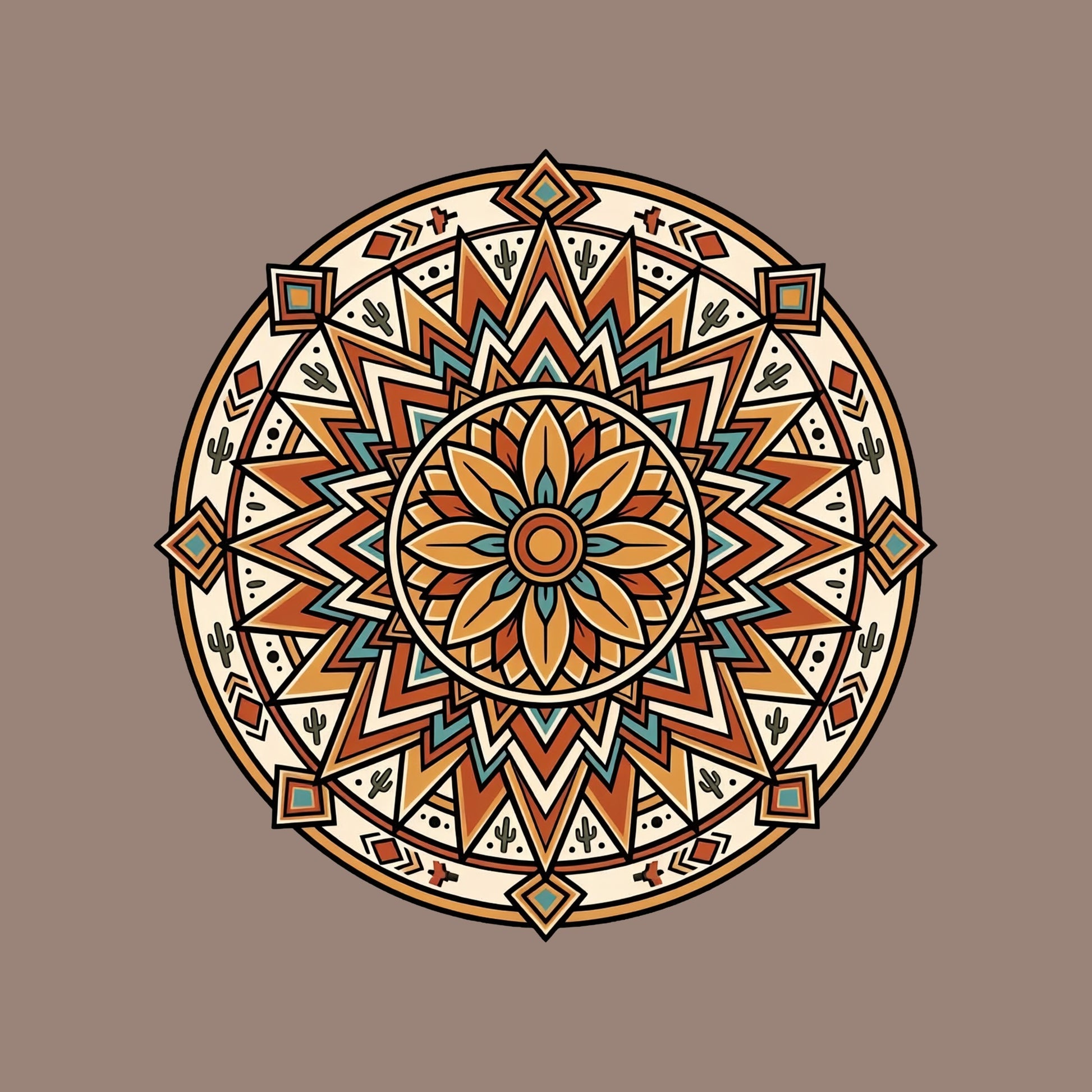 Close-up of the Desert Sunburst Mandala design on a Pebble tee