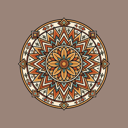Close-up of the Desert Sunburst Mandala design on a Pebble tee