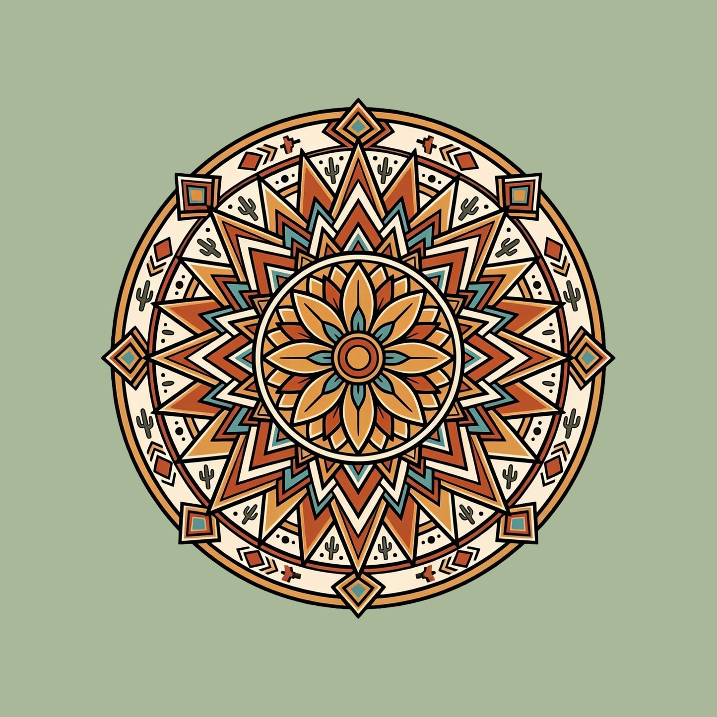 Close-up of the Desert Bloom Mandala design on a Sage tee