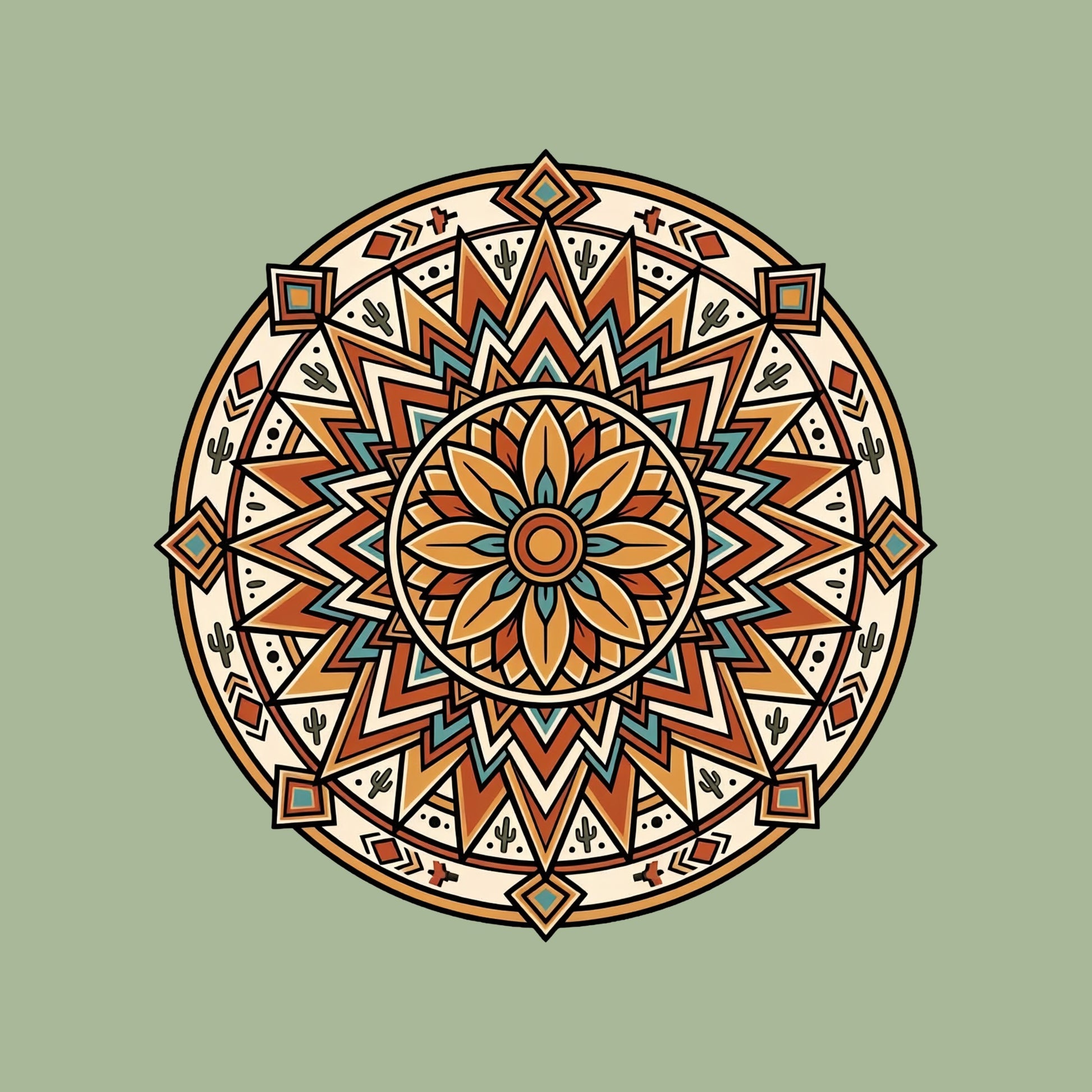 Close-up of the Desert Bloom Mandala design on a Sage tee