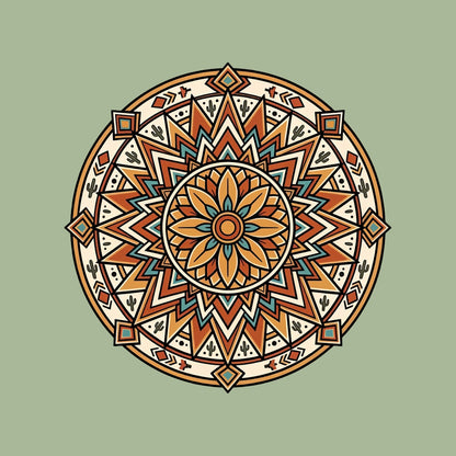 Close-up of the Desert Bloom Mandala design on a Sage tee