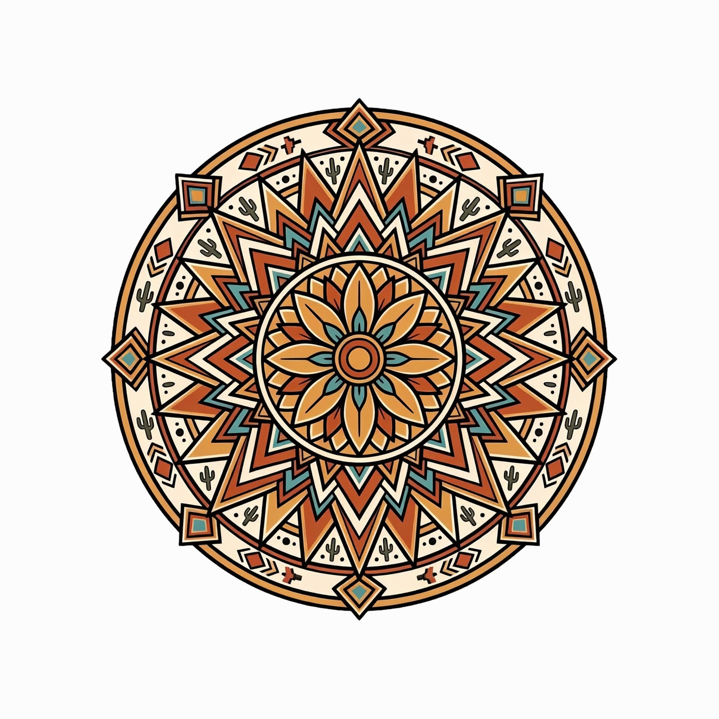 Close-up of the Desert Sunburst Mandala design on a Solid White Blend tee