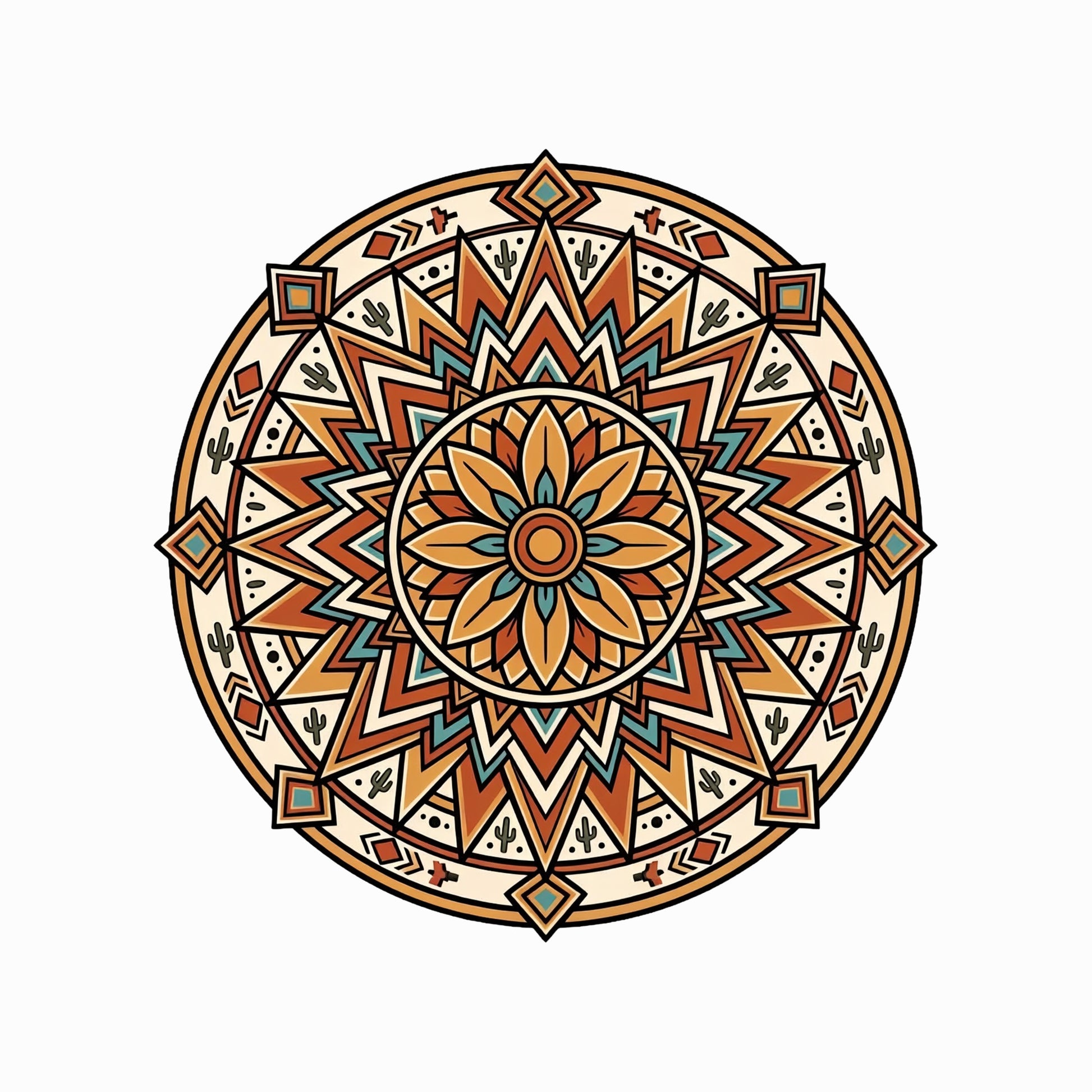 Close-up of the Desert Sunburst Mandala design on a Solid White Blend tee