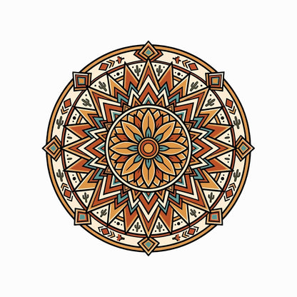 Close-up of the Desert Sunburst Mandala design on a Solid White Blend tee