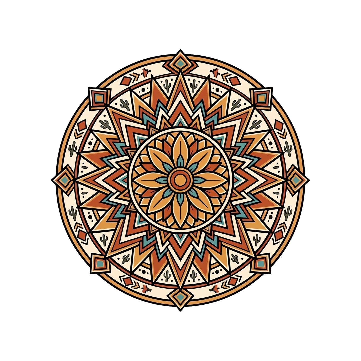 Close-up of the Desert Bloom Mandala design on a White tee