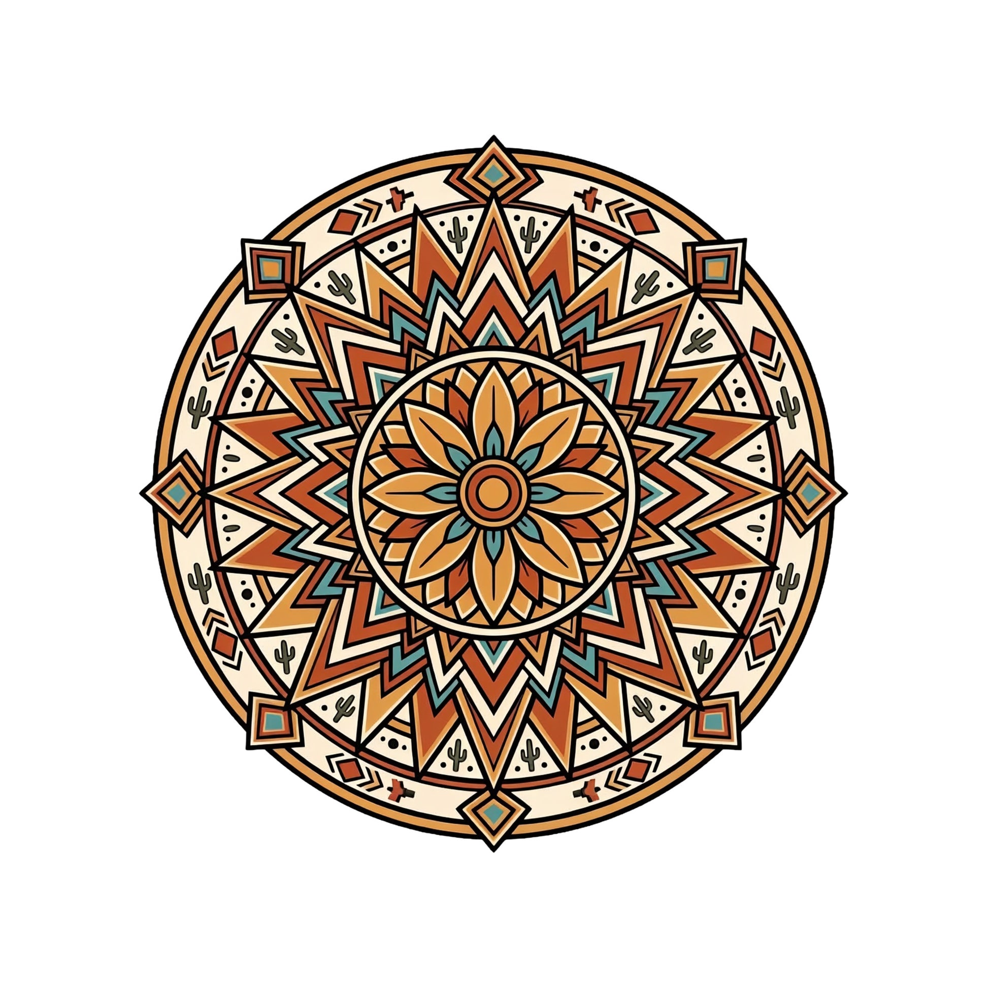 Close-up of the Desert Bloom Mandala design on a White tee