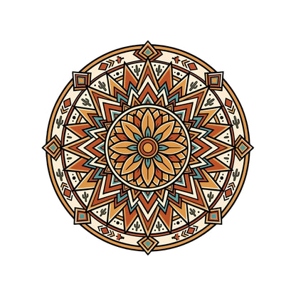 Close-up of the Desert Bloom Mandala design on a White tee