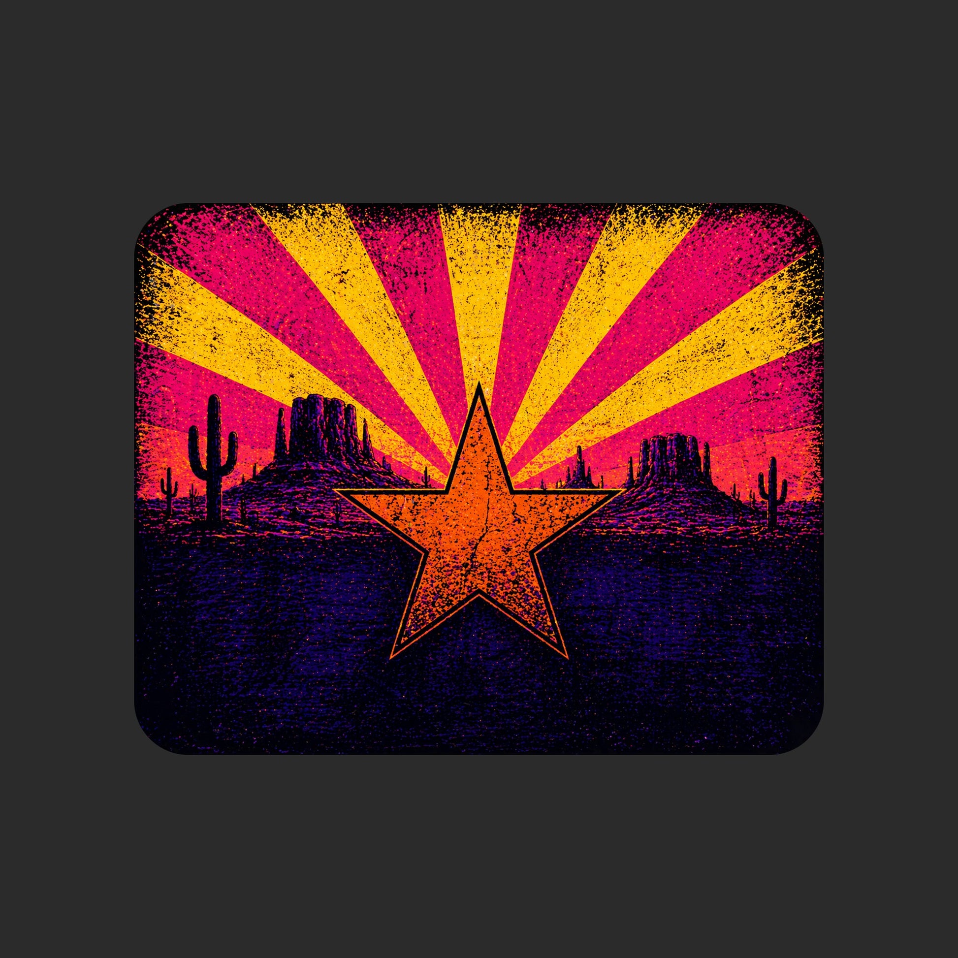 Close-up of the Neon Arizona Flag Star design on a Dark Grey Heather V-neck tee