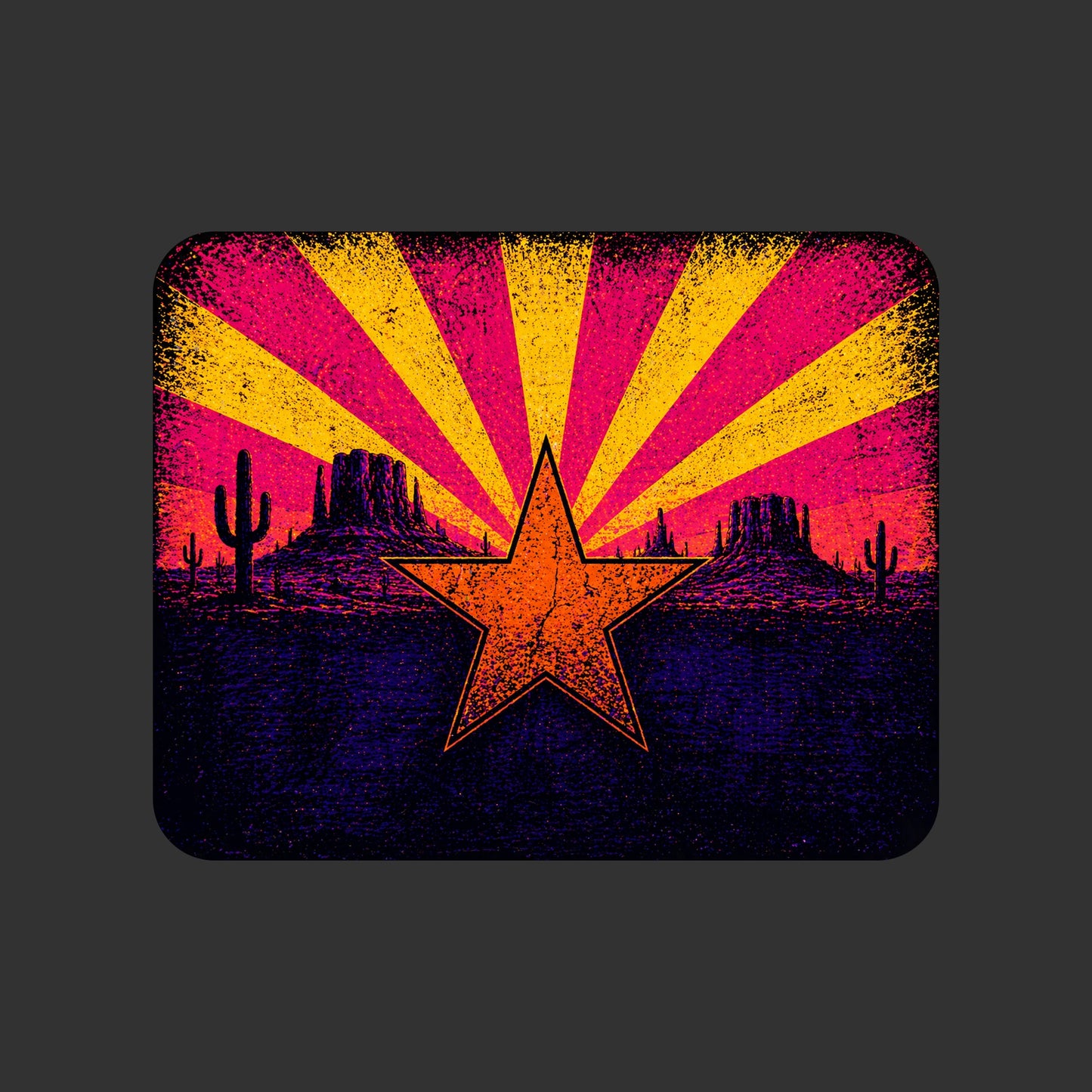 Close-up of the Neon Arizona Flag Star design on a Dark Grey Heather tee