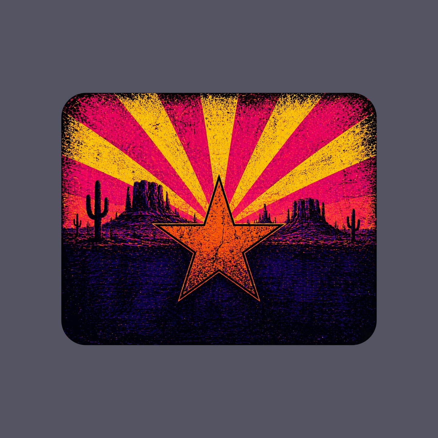 Close-up of the Neon Arizona Flag Star design on a Heather Navy tee